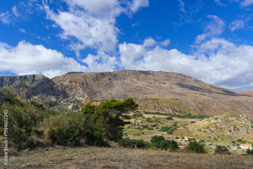 Wide View of the Dry, Rolling Mountain Hinterland Near Scopello with a Glimpse of the Mediterranean Sea