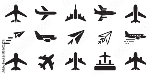Set of black airplane vector icons. various types of aircraft and flying paper planes. travel concept