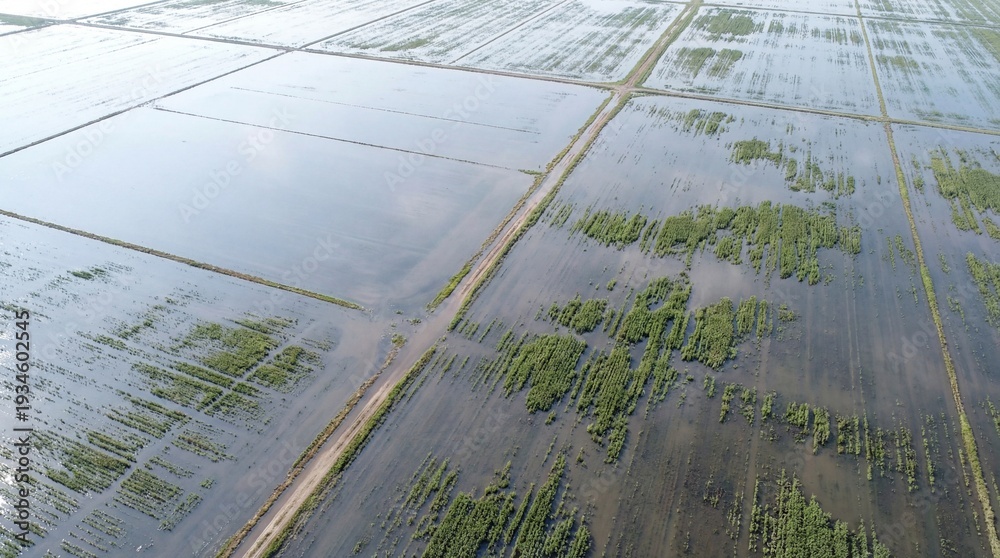 Fototapeta premium Aerial view of flooded farmland with reflective water and crops 
