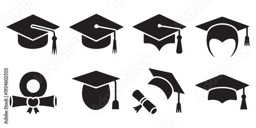 Set of graduation cap icons. student hats with tassel and diploma. academic headwear for ceremony