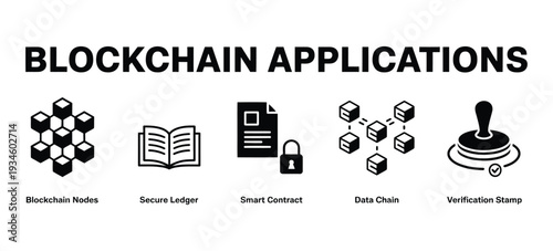 Blockchain Applications Banner & Icon Vector – Nodes, Secure Ledger, Smart Contract, Data Chain, Verification.