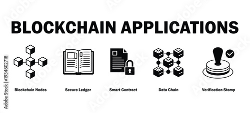 Blockchain Applications Banner & Icon Vector – Nodes, Secure Ledger, Smart Contract, Data Chain, Verification.