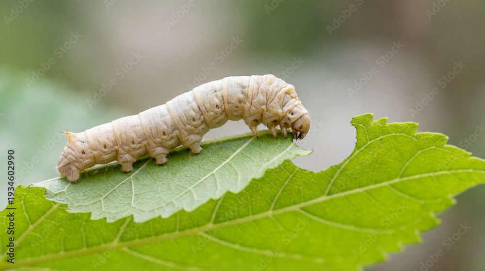Fototapeta premium Silkworm eating a mulberry leaf in a natural outdoor setting 