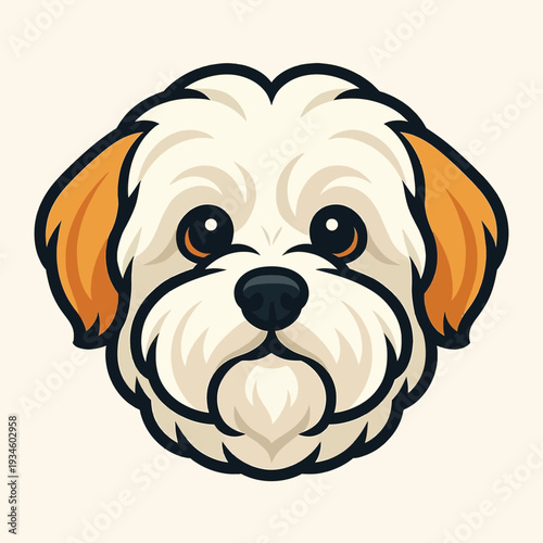 Illustration of a cartoon dog's face with orange ears and a white coat on a plain background.