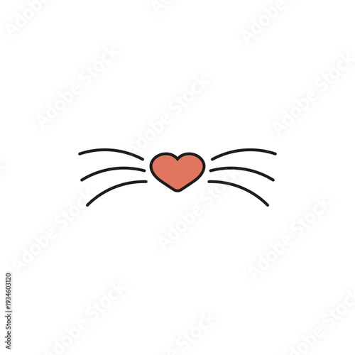 Cute cat nose in heart shape with whiskers. Simple illustration of a kitten face element. Vector icon on white background.
