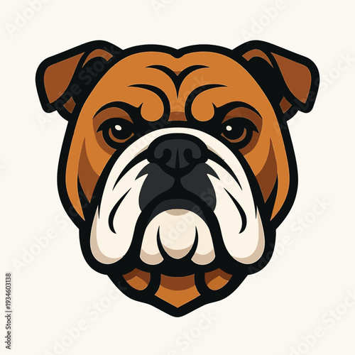 Close-up illustration of a brown bulldog's face with white muzzle and black nose on a white background.