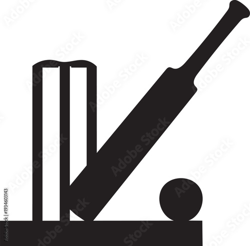 Cricket Icon Set – Bat, Wicket Stumps and Ball – Classic Black Silhouette Vector