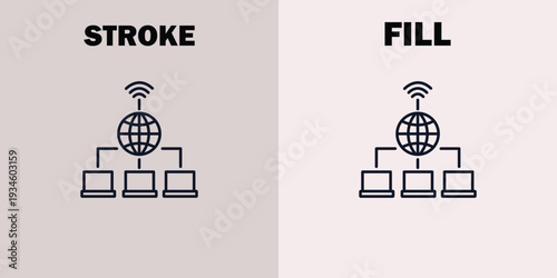 Network diagram with globe and laptops stroke and fill styles computer d