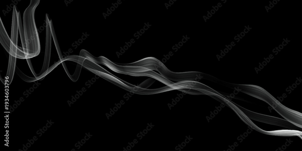 Fototapeta premium Abstract swirling grey smoke trails on black background, vector illustration, card, style. White smoke effect on a black background, vector illustration. Realistic white fog with volumetric clouds. 