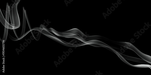 Abstract swirling grey smoke trails on black background, vector illustration, card, style. White smoke effect on a black background, vector illustration. Realistic white fog with volumetric clouds. 