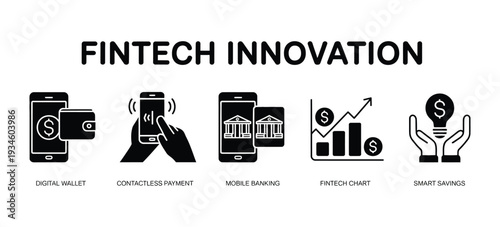 Fintech Innovation Banner & Icon Vector – Digital Wallet, Contactless Payment, Mobile Banking, Fintech Chart, Smart Savings.