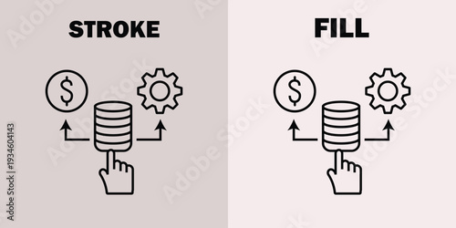 Stroke and Fill comparing dollar coin stack and gear comparison de