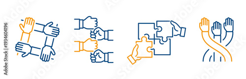 Teamwork and Collaboration Icons. Set Icon of three hands together, charity effort, unity, employee community, jigsaw, group, outline web vector editable illustration.