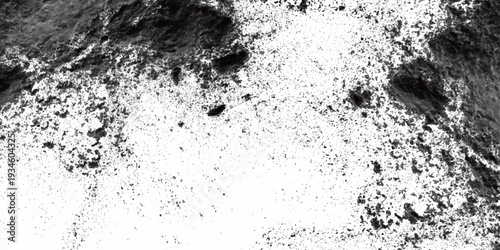 Abstract white powder particle texture. Sea salt crystals isolated on black background, top view. Abstract polished black and white grunge texture, White and black background on polished stone marble 
