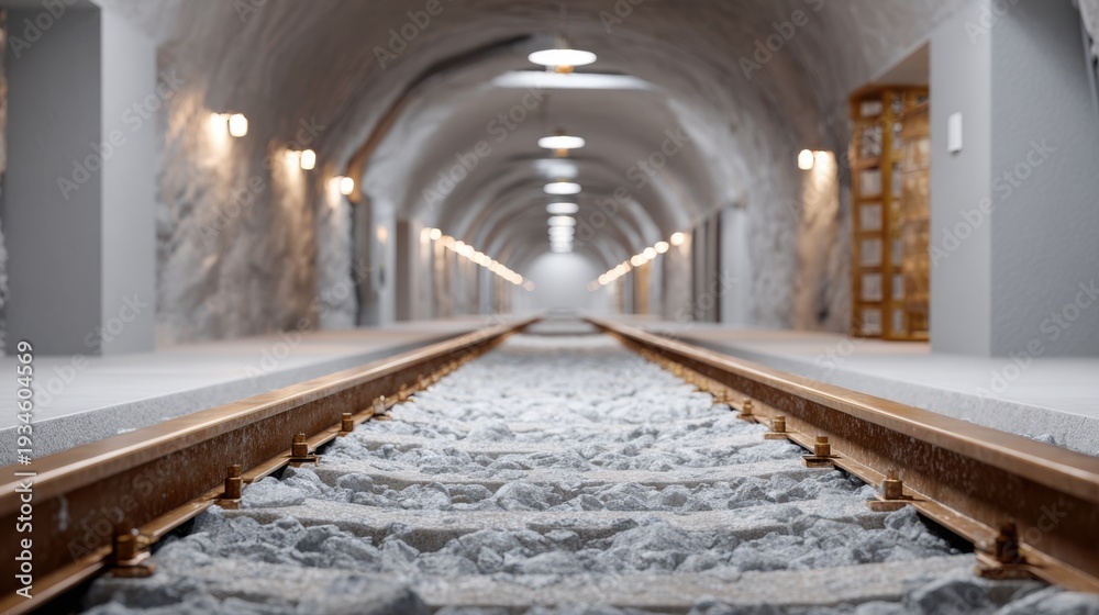 Obraz premium Rail tracks lead into a mine corridor with soft lights and clear space suitable for various uses