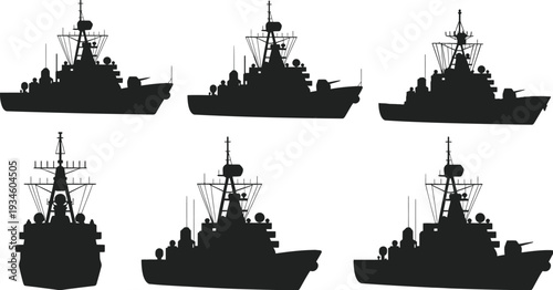 Modern naval warship silhouette set featuring military destroyer and frigate designs isolated on white background, perfect for defense, maritime illustration, military graphics, and strategic concept 