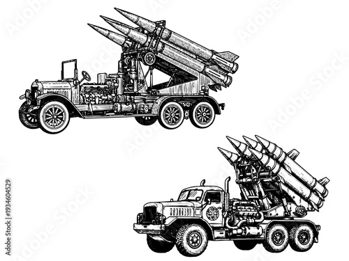 Missile Launcher Truck Vector Engraving Illustration
