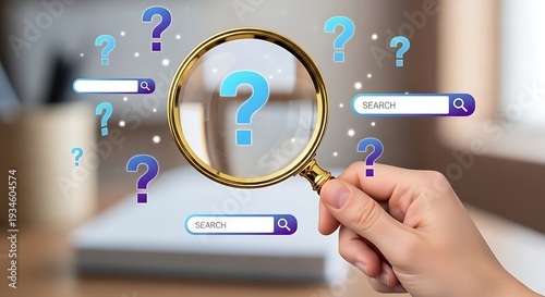 Magnifying glass with question marks and search bars