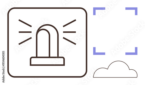 Safety systems, cloud storage, alert notifications, data security, technological infrastructure, emergency response. Outline siren icon with cloud and scanning lines. Safety systems and cloud storage