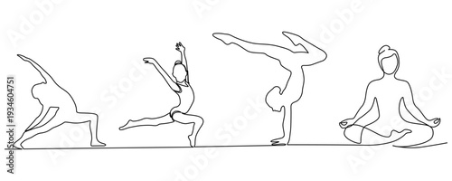 Continuous line drawing set of woman performing three complex yoga poses including handstand goddess pose and seated meditation for wellness design. Continuous one line drawing. Vector illustration