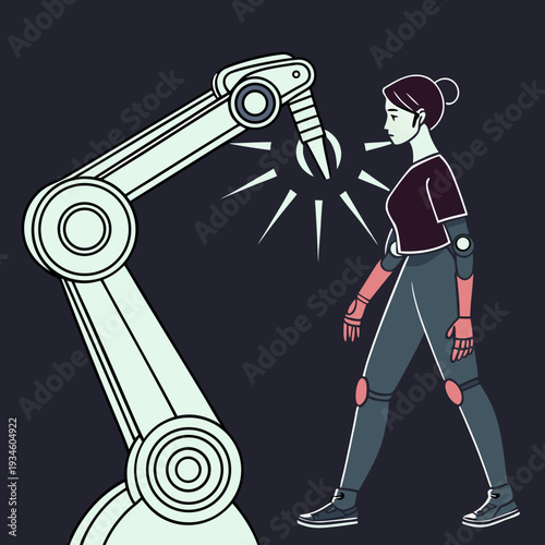 Bionic Woman with Prosthetic Limbs Interacting with Robotic Arm - Humanoid Augmentation and Advanced Technology Concept