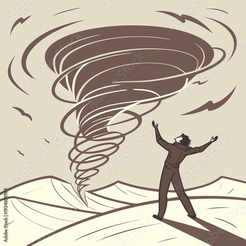 Man Facing Powerful Tornado or Dust Devil in Vast Desert Landscape - Confrontation, Nature's Fury, and Helplessness Concept