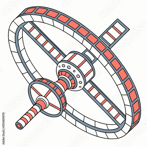 Detailed Isometric View of a Futuristic Ring-Shaped Space Station or Satellite in Orbit, Science Fiction Concept Art