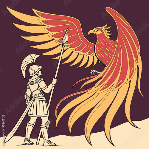 Ancient Warrior Encountering a Mythical Phoenix Bird Illustration - Symbol of Rebirth, Strength, and Legend in a Historical Fantasy Setting