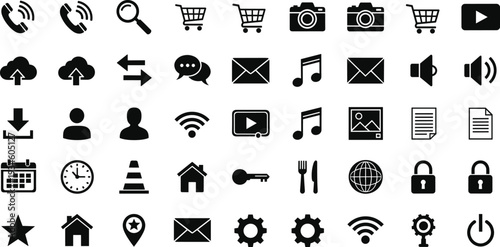 Digital interface icons, communication tools, multimedia symbols, office essentials, navigation graphics, modern app elements, minimal line art, technology workflow, user experience design