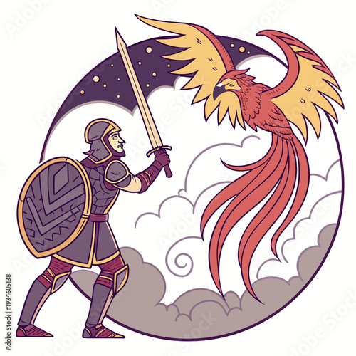 Valiant Knight with Sword and Shield Confronting a Fiery Phoenix in a Mythical Circular Border Illustration for Epic Tales