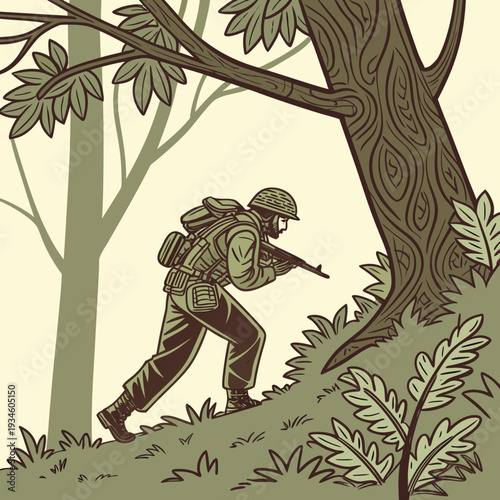 Dedicated Military Soldier in Camouflage with Rifle Moving Through Forest Landscape Illustration for Covert Operations