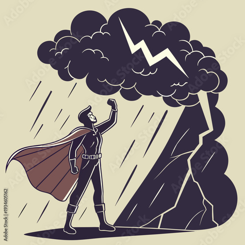 Courageous Superhero Facing Fierce Lightning Storm Under Dark Cloud - Symbol of Power and Confronting Adversity