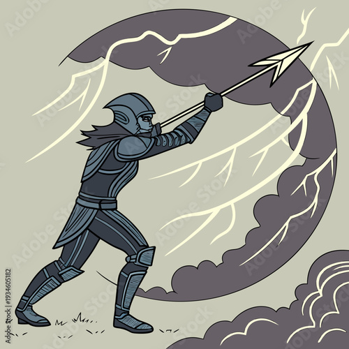Armored Fantasy Warrior with Spear Amidst Lightning and Stormy Clouds - Dynamic Vector Illustration of a Powerful Figure