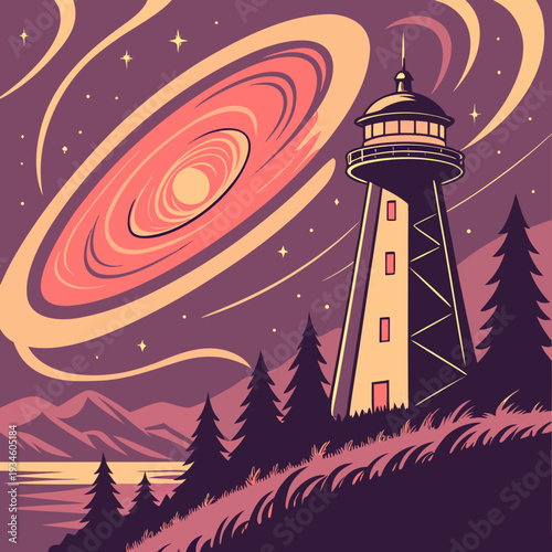 Cosmic Lighthouse Under a Swirling Galaxy and Starry Night Sky - Retro Sci-Fi Landscape Illustration with Vibrant Colors