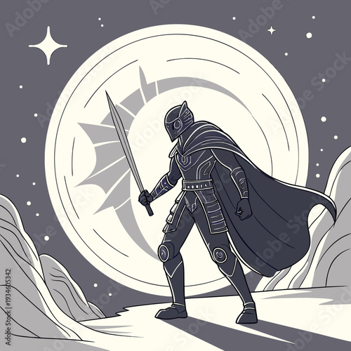 Futuristic Moon Warrior with Sword Standing on Alien Landscape Under a Crescent Planet and Starry Sky, Monochromatic Heroic Adventure
