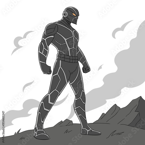Mysterious Armored Sci-Fi Warrior with Glowing Orange Eyes Stands Heroically on a Desolate Gray Rocky Landscape Under Cloudy Skies