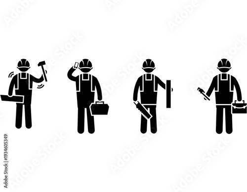 Four black stick figures depicting various construction and maintenance workers with tools and equipment, illustrating different roles in labor and industry.