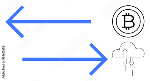 Cryptocurrency. Arrows indicate movement and exchange, paired with bitcoin and cloud symbols. Cryptocurrency enables digital transactions securely and efficiently. Great for blockchain, finance