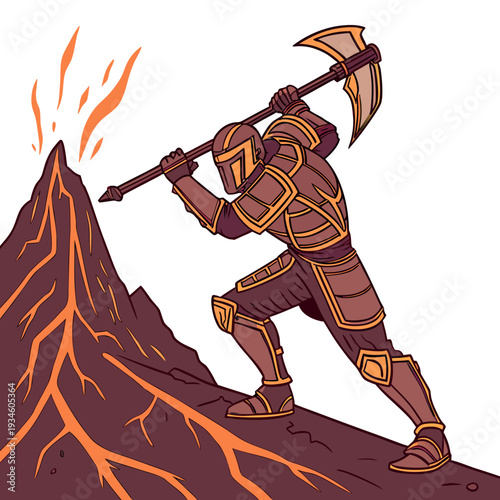 Determined Armored Warrior with Pickaxe Mining Fiery Lava from an Erupting Volcano, Epic Fantasy Adventure Illustration