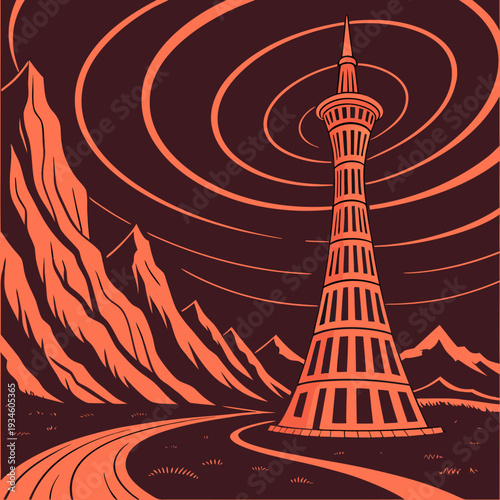 Futuristic Communication Tower with Radiating Energy Spirals in a Dark Red Alien Mountainous Landscape, Sci-Fi Concept