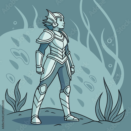 Serene Female Aqua Warrior in Ornate Armor and Fish-Like Helmet Standing on Underwater Seabed Amidst Seaweed and Bubbles