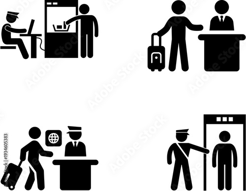 Stick figures depicting various airport and border control procedures including check-in, immigration, and security screening processes for travelers.