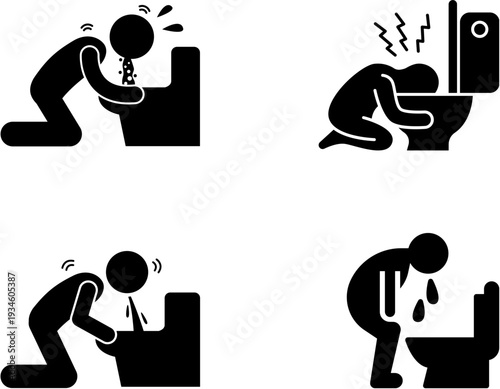 Four stick figures illustrating different stages and postures of vomiting and nausea into a toilet, depicting sickness and discomfort.