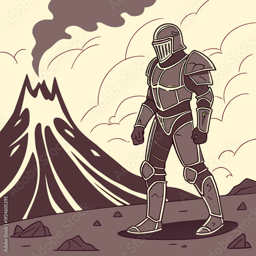 Stoic Medieval Knight in Full Plate Armor Standing Resolutely Before a Smoking Volcano on a Desolate Landscape, Epic Fantasy