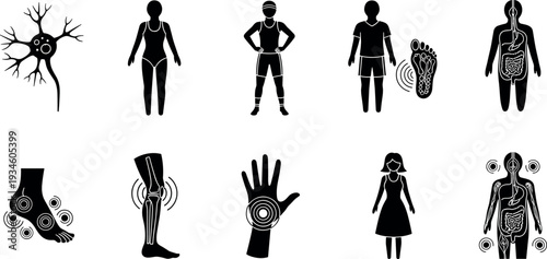 Black human anatomy silhouette icon set, nerve pain and joint inflammation symbols,