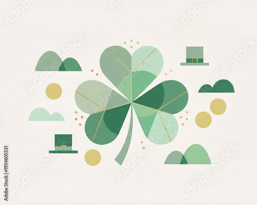 Minimal green shamrock illustration with decorative shapes on light background, festive greeting design, lucky symbol, Irish celebration, Saint Patrick's Day.