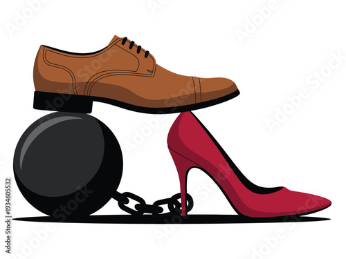 Man's dress shoe rests atop a ball and chain connected to a high heel.