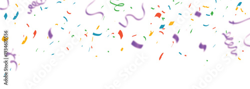 A colorful confetti and party streamers on a white background