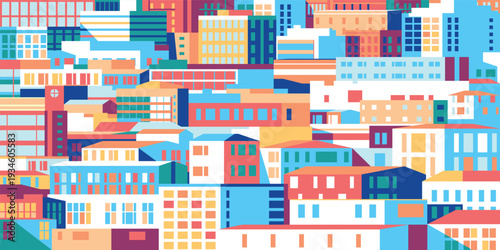 Trendy contemporary vector cityscape of a suburban city block featuring colorful modern and classic buildings, rooftops, apartments, community centers, and residential spaces. Pop art style.