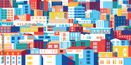 Trendy contemporary vector cityscape of a suburban city block featuring colorful modern and classic buildings, rooftops, apartments, community centers, and residential spaces. Pop art style.